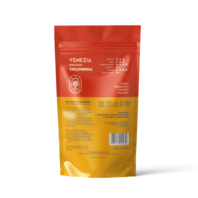 Opakowanie kawy ziarnistej Venezia Specialità Colombina 250g w kolorach czerwonym i żółtym, z informacjami o aromacie, intensywności i kraju pochodzenia ziaren. Widoczny tekst: \'Kawa ziarnista świeżo palona\', \'Idealne do: cappuccino, latte macchiato, flat white, americano\'.