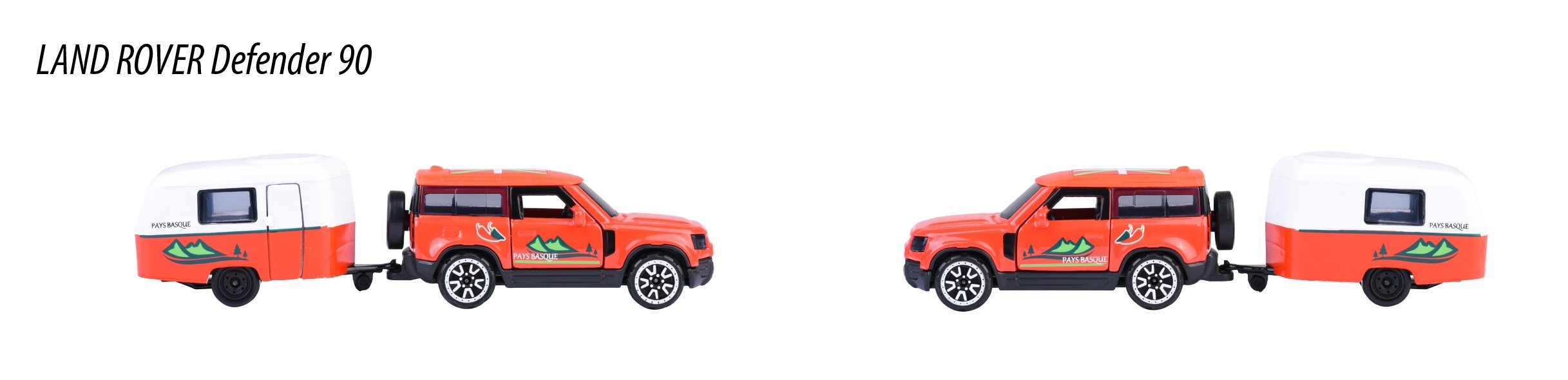 Dwa modele samochodów Land Rover Defender 90 w kolorze pomarańczowym z przyczepami, ozdobione zielonymi grafikami. Obok widoczny jest tekst: \'LAND ROVER Defender 90\'.