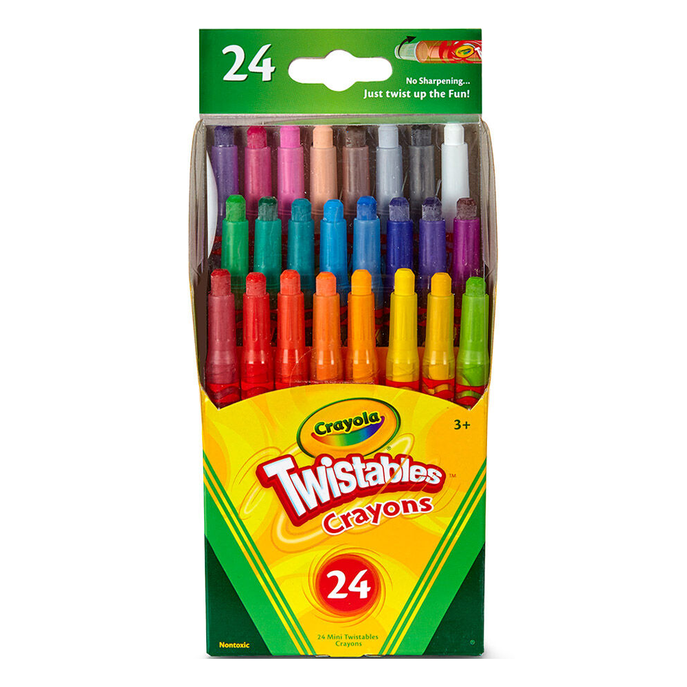 Opakowanie kredek świecowych Twistables Crayons marki Crayola zawiera 24 kolory. Na opakowaniu widnieje napis: \'No Sharpening... Just twist up the Fun!\' oraz liczba \'24\'.