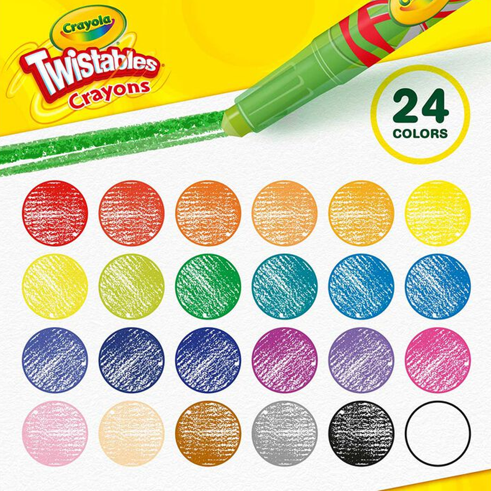 Obraz przedstawia zestaw 24 kolorowych kredek świecowych Twistables Crayons marki Crayola. Widoczne są różnokolorowe okręgi reprezentujące dostępne kolory oraz napis \'24 COLORS\'.