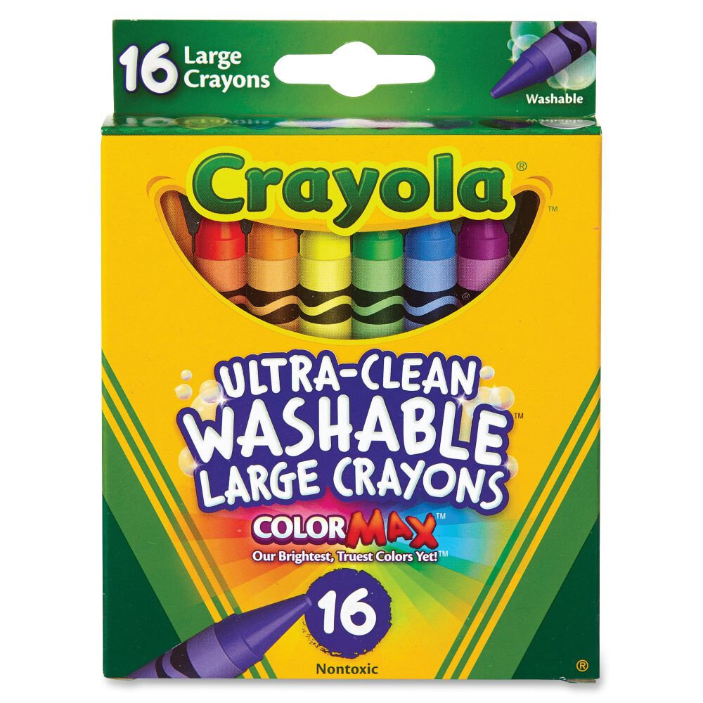 Opakowanie zmywalnych kredek woskowych Crayola, zawierające 16 dużych kredek w różnych kolorach. Na opakowaniu widnieje napis: \'Ultra-Clean Washable Large Crayons Color Max\'.
