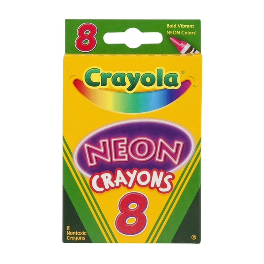 Opakowanie kredek świecowych Crayola w kolorach neonowych, zawierające 8 sztuk. Na opakowaniu widnieje napis \'Bold Vibrant NEON Colors!\' oraz \'8 Nontoxic Crayons\'.