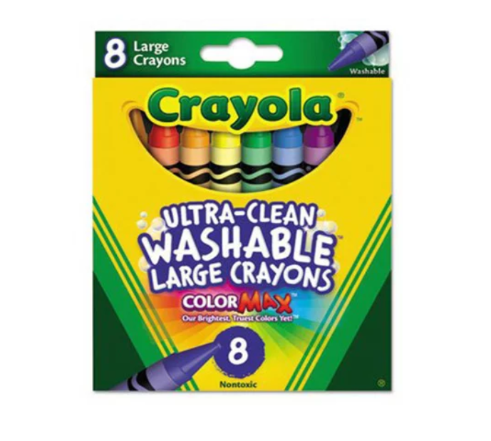 Opakowanie kredek świecowych Crayola z napisem \'Ultra-Clean Washable Large Crayons Color Max\'. Widoczne są osiem kolorowych kredek oraz informacja \'8 Large Crayons\'.