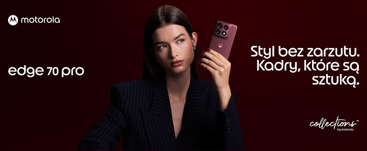 Osoba trzyma smartfon w kolorze bordowym na tle ciemnoczerwonej ściany. Widoczny tekst: \'motorola edge 70 pro\', \'Styl bez zarzutu. Kadry, które są sztuką.\', \'collections by media expert\'.
