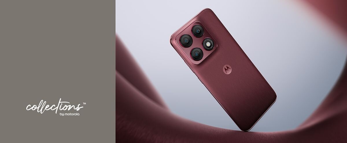 Na obrazie widoczny jest smartfon w kolorze bordowym z czterema aparatami na tylnej obudowie. Po lewej stronie znajduje się napis \'collections by motorola\'.