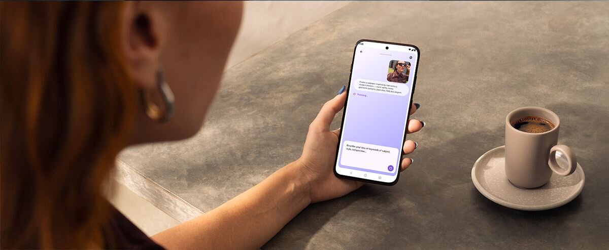 Osoba trzyma smartfon z wyświetlonym komunikatem na ekranie. Obok na stole stoi filiżanka z kawą na spodku.