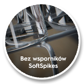 Zbliżenie na wnętrze zmywarki z widocznymi szklankami ustawionymi na metalowych prętach. Tekst na obrazie: \'Bez wsporników SoftSpikes\'.