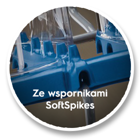 Obraz przedstawia niebieski element zmywarki z przezroczystymi wspornikami. Widoczny tekst: \'Ze wspornikami SoftSpikes\'.