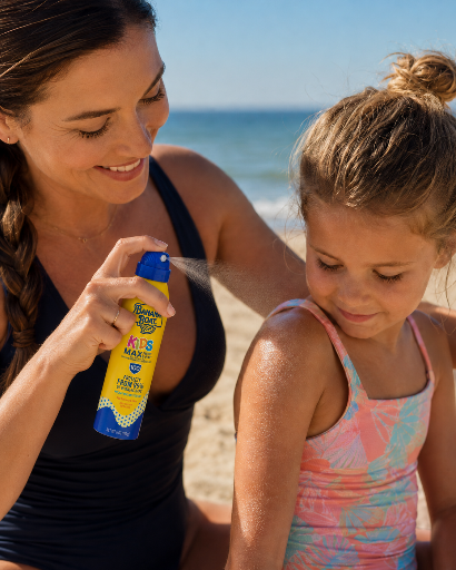Osoba trzyma spray do opalania marki Banana Boat Kids Max SPF 100 i aplikuje go na skórę dziecka na plaży. W tle widać morze i piasek.