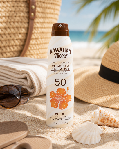 Na obrazie znajduje się spray do opalania z napisem \'Hawaiian Tropic Weightless Hydration 50\'. W tle widać plażę, kapelusz, okulary przeciwsłoneczne i muszle.