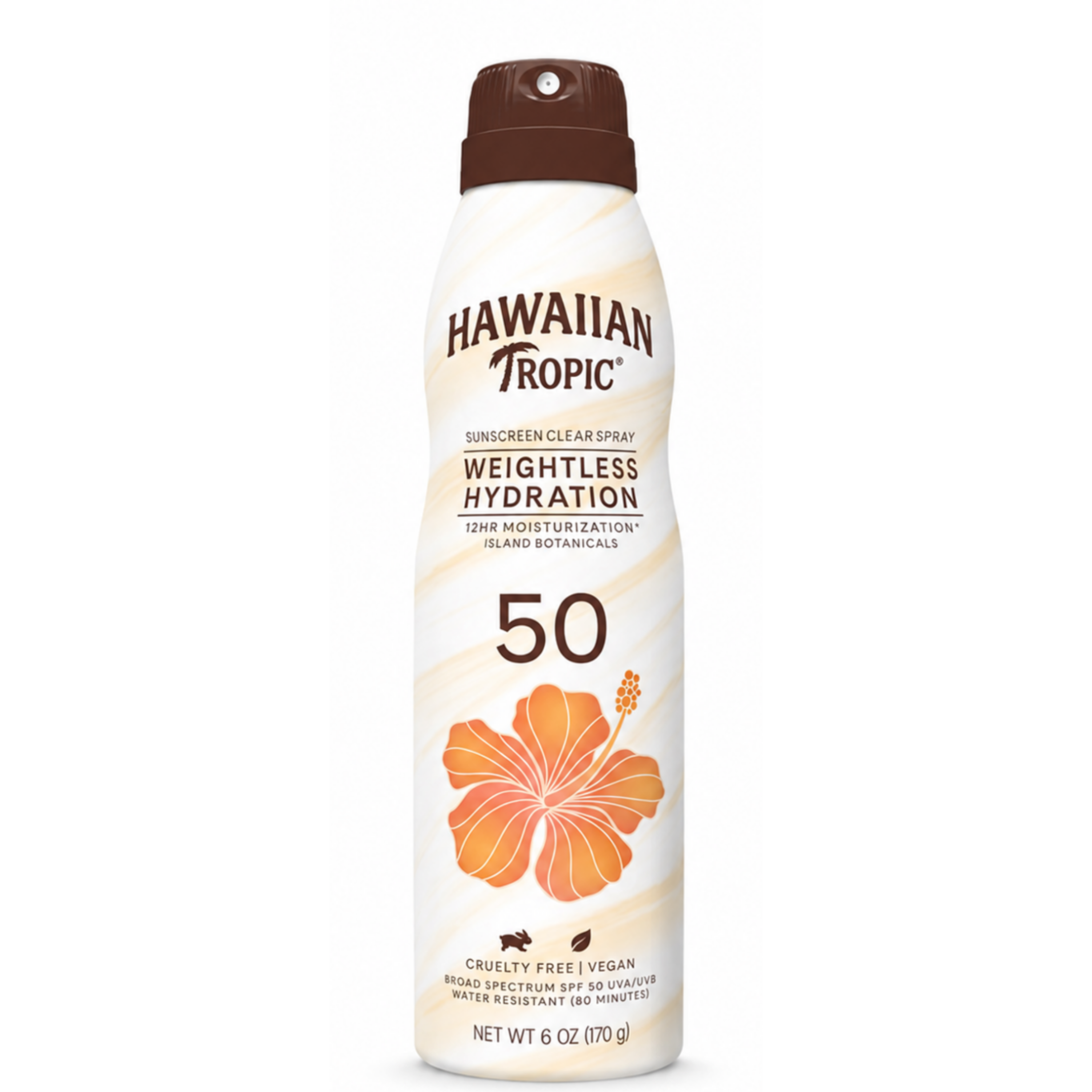 Butelka sprayu do opalania z napisem \'Hawaiian Tropic\' oraz \'Weightless Hydration\'. Widoczny jest duży numer \'50\' i grafika kwiatu hibiskusa.