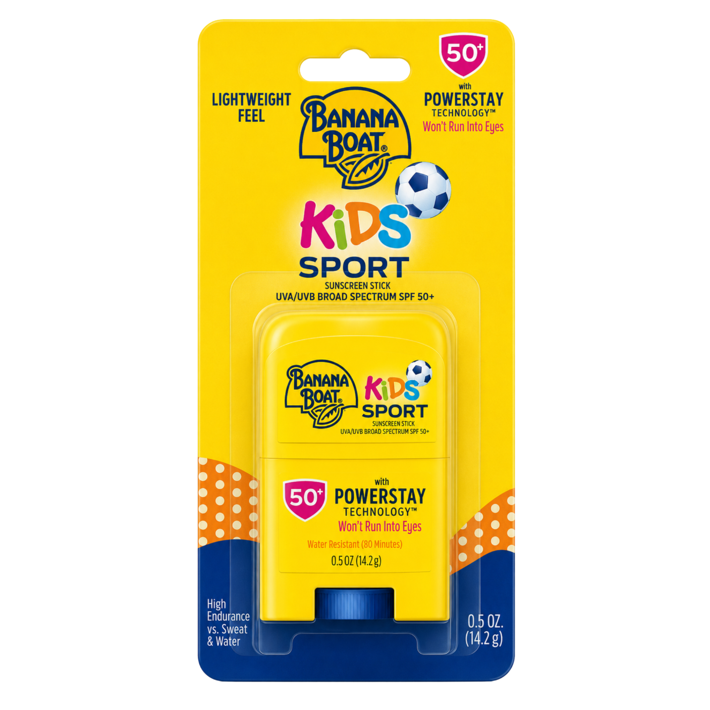 Opakowanie żółtego sztyftu przeciwsłonecznego Banana Boat Kids Sport SPF 50+ z piłką na etykiecie. Zawiera informacje o technologii Powerstay i odporności na wodę przez 80 minut.