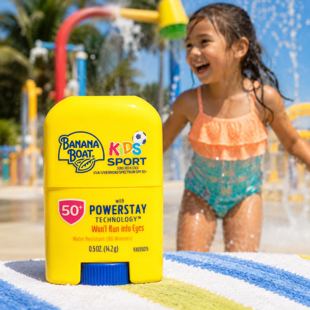 Na zdjęciu znajduje się żółty sztyft z filtrem przeciwsłonecznym marki Banana Boat Kids Sport SPF 50+, z napisem \'with POWERSTAY Technology™ Won\'t Run into Eyes\'. W tle widać dziecko bawiące się w wodnym parku.
