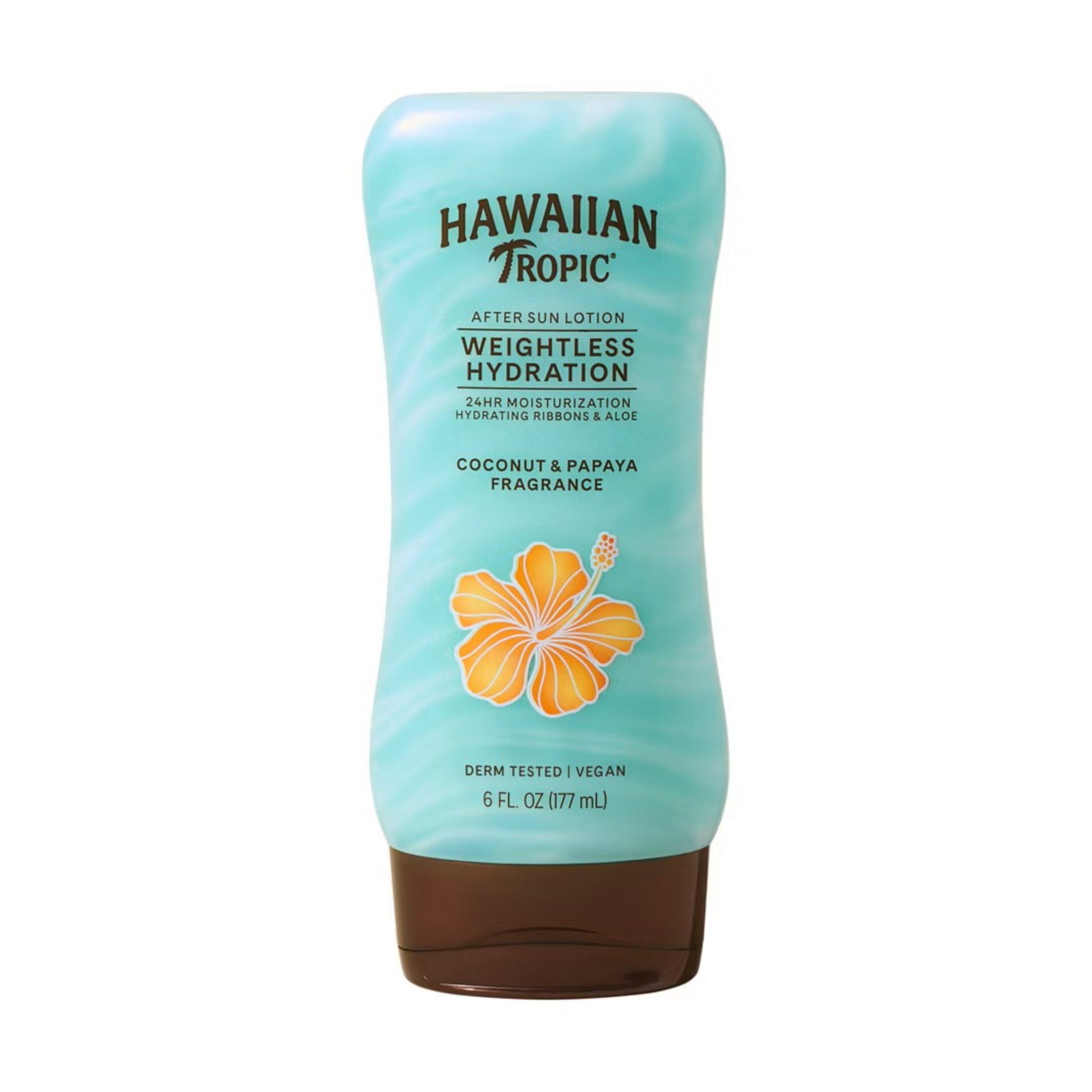 Butelka balsamu po opalaniu Hawaiian Tropic z aloesem, o pojemności 177 ml, z napisem \'Weightless Hydration\' i grafiką kwiatu. Produkt ma zapach kokosowo-papajowy i jest wegański.