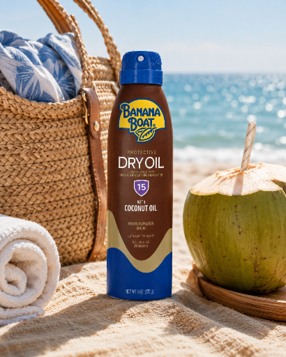 Na plaży stoi butelka z napisem \'Banana Boat Protective Dry Oil SPF 15 Coconut Oil\'. Obok znajduje się kokos z rurką oraz wiklinowa torba z ręcznikiem.