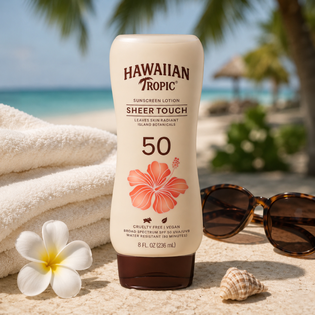 Na obrazie znajduje się butelka kremu przeciwsłonecznego z napisem \'HAWAIIAN TROPIC SHEER TOUCH 50\'. W tle widać plażę z palmami, ręcznik, okulary przeciwsłoneczne i muszlę.