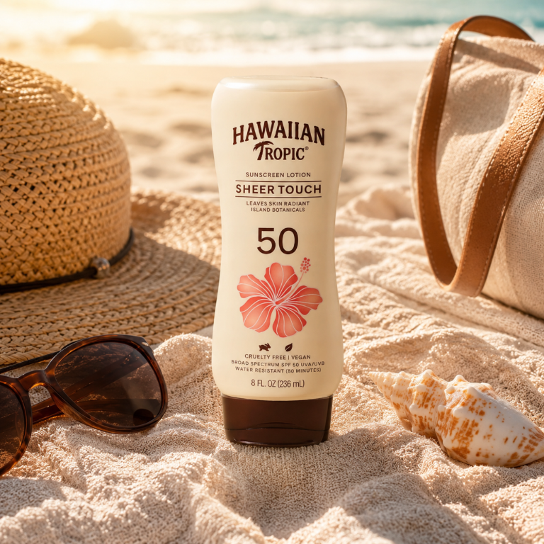 Na plaży znajduje się butelka kremu przeciwsłonecznego Hawaiian Tropic Sheer Touch SPF 50 o pojemności 236 ml. Obok leżą okulary przeciwsłoneczne, kapelusz i muszla.