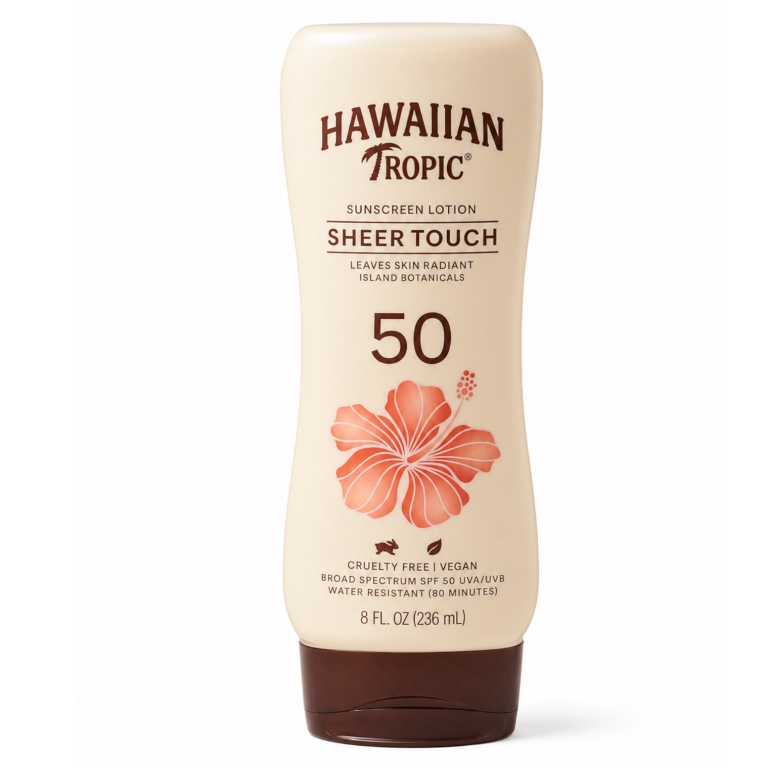 Butelka kremu przeciwsłonecznego Hawaiian Tropic Sheer Touch SPF 50 o pojemności 236 ml z grafiką kwiatu hibiskusa. Na opakowaniu widnieje napis: \'Cruelty Free | Vegan, Broad Spectrum SPF 50 UVA/UVB, Water Resistant (80 minutes)\'.