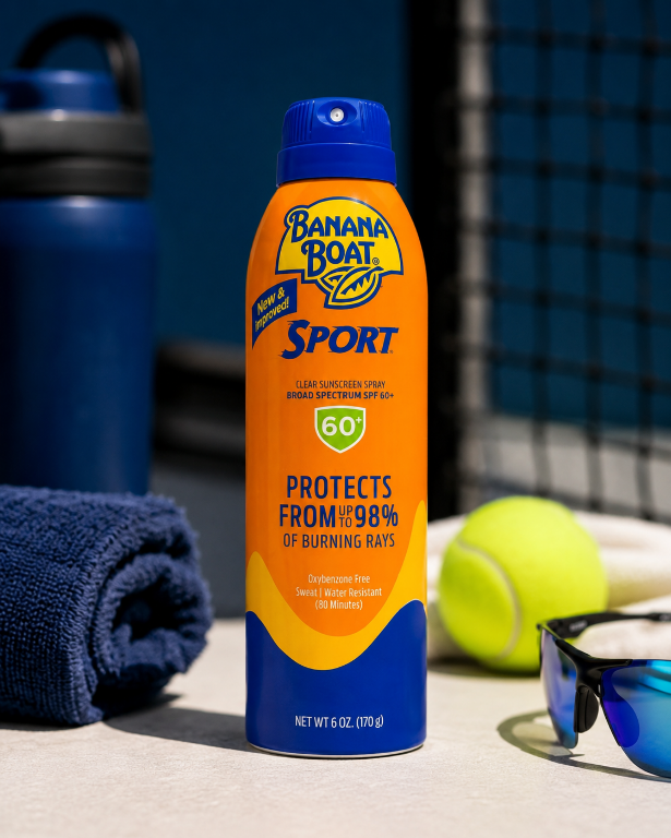 Na obrazie widoczny jest spray z filtrem przeciwsłonecznym SPF 60+ marki Banana Boat Sport o pojemności 170g. W tle znajdują się ręcznik, piłka tenisowa, okulary przeciwsłoneczne i butelka z wodą.