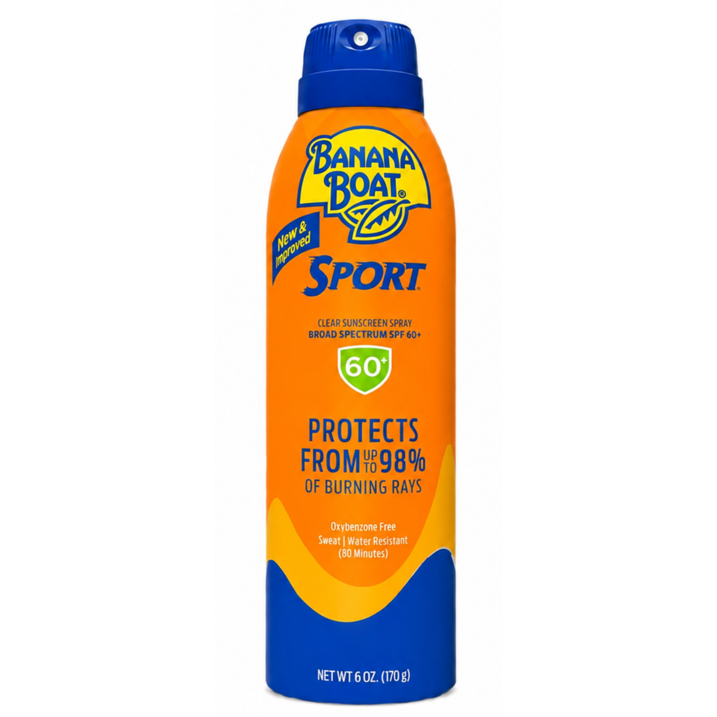 Pomarańczowa butelka sprayu przeciwsłonecznego z niebieską nakrętką, z logo \'BANANA BOAT SPORT\'. Tekst na butelce: \'CLEAR SUNSCREEN SPRAY BROAD SPECTRUM SPF 60+ PROTECTS FROM UP TO 98% OF BURNING RAYS\'.