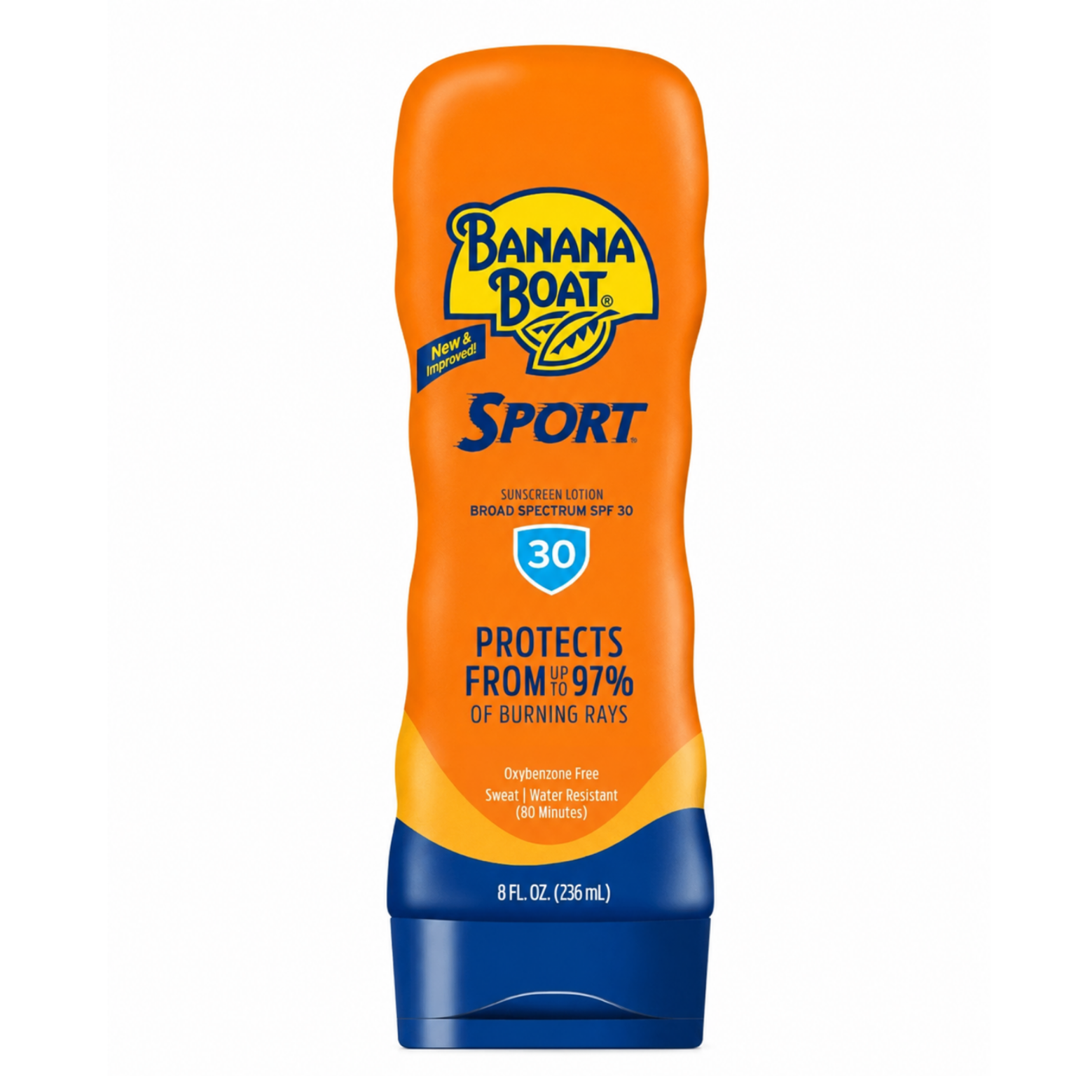 Pomarańczowa butelka z niebieską nakrętką, na której widnieje logo \'Banana Boat\' oraz napis \'SPORT\'. Produkt to wodoodporny krem przeciwsłoneczny SPF 30 o pojemności 236 ml, chroniący przed 97% promieniowania UV.