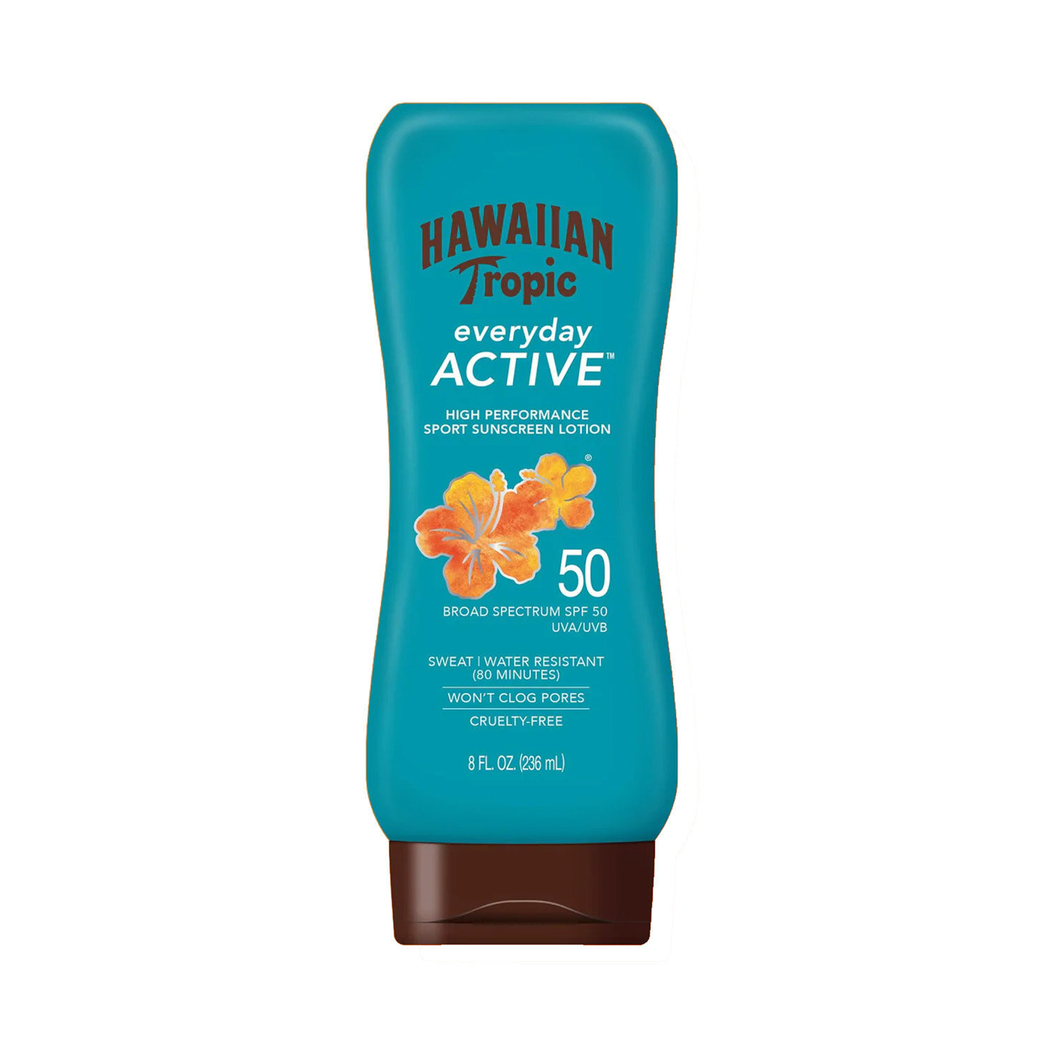Butelka kremu przeciwsłonecznego Hawaiian Tropic Everyday Active SPF 50 z pomarańczowym kwiatem na etykiecie. Tekst na etykiecie: \'HIGH PERFORMANCE SPORT SUNSCREEN LOTION\', \'BROAD SPECTRUM SPF 50 UVA/UVB\', \'SWEAT & WATER RESISTANT (80 MINUTES)\', \'WON\'T CLOG PORES\', \'CRUELTY-FREE\', \'8 FL. OZ. (236 mL)\'.