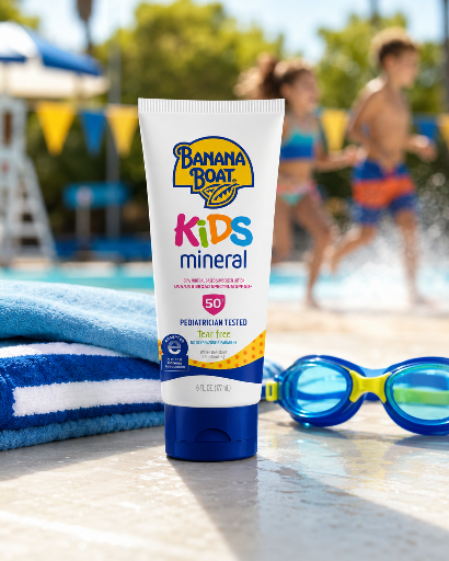 Na pierwszym planie znajduje się tubka produktu Banana Boat Kids Mineral SPF 50+, obok której leżą okulary do pływania i ręcznik. W tle widać rozmyte postacie dzieci bawiących się przy basenie.