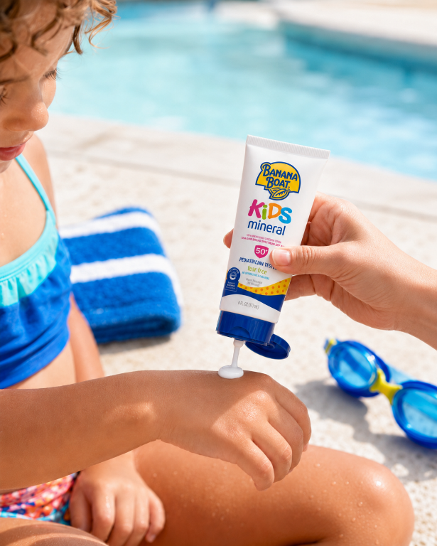 Osoba nakłada krem z tubki z napisem \'Banana Boat Kids mineral 50+\'. W tle widać basen i ręcznik.