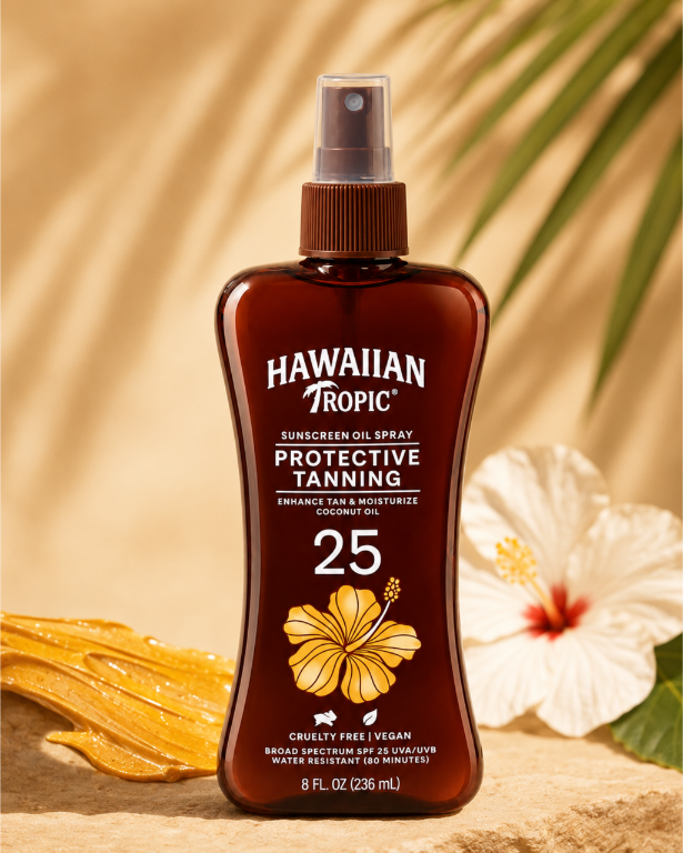 Butelka olejku do opalania z filtrem przeciwsłonecznym SPF 25 marki Hawaiian Tropic o pojemności 236 ml. Na etykiecie widnieje napis: \'Sunscreen Oil Spray Protective Tanning Enhance Tan & Moisturize Coconut Oil 25\'.