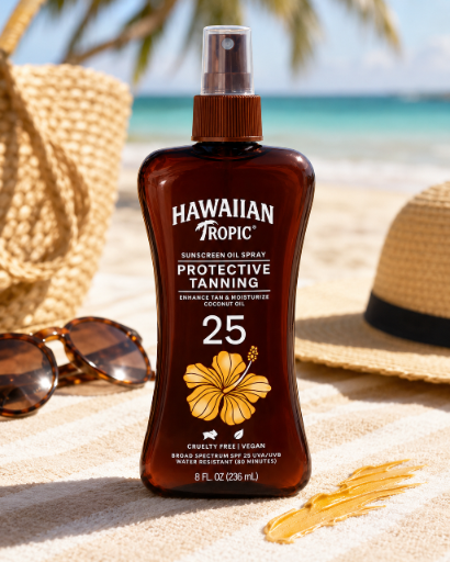 Na obrazie znajduje się butelka olejku do opalania marki Hawaiian Tropic z napisem \'Sunscreen Oil Spray Protective Tanning 25\'. W tle widać plażę, kapelusz i okulary przeciwsłoneczne.