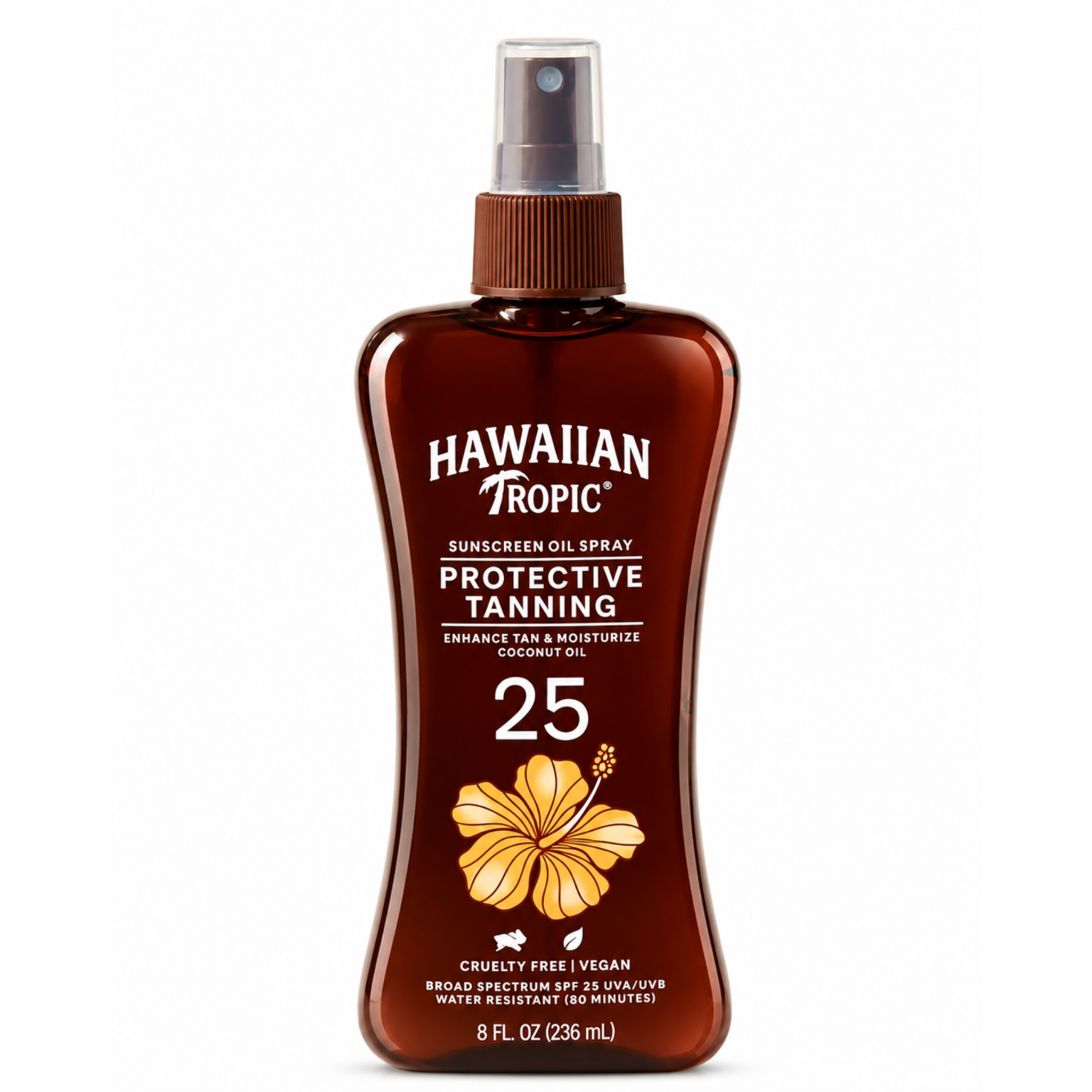 Brązowa butelka z atomizerem zawiera olejek do opalania marki Hawaiian Tropic z filtrem SPF 25. Na etykiecie widnieje napis: \'Hawaiian Tropic Sunscreen Oil Spray Protective Tanning Enhance Tan & Moisturize Coconut Oil 25\', a także symbol kwiatu hibiskusa.
