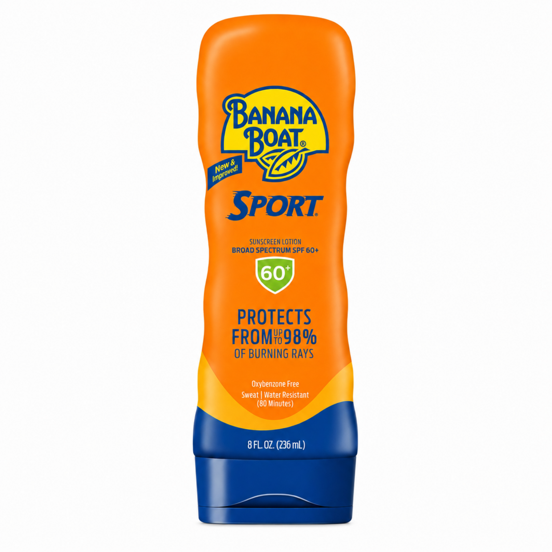 Pomarańczowa butelka balsamu do opalania z niebieską zakrętką, na której widnieje logo \'Banana Boat Sport\'. Tekst na opakowaniu informuje o ochronie SPF 60+, ochronie przed 98% promieni słonecznych oraz odporności na pot i wodę przez 80 minut.