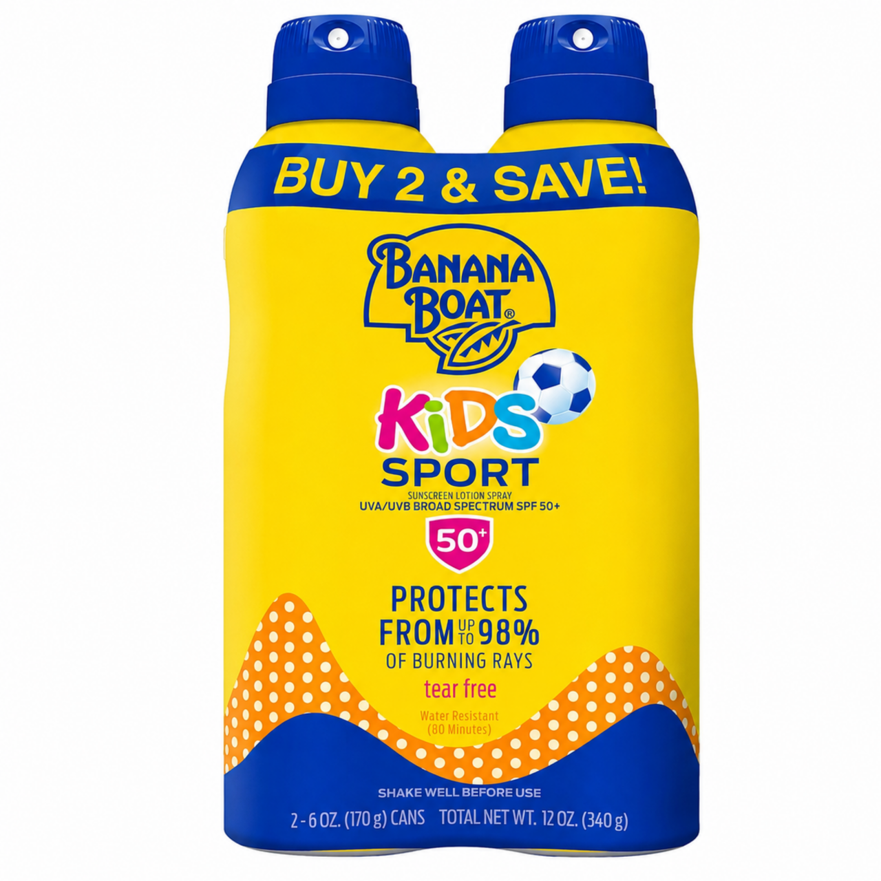 Dwa żółte opakowania sprayu do opalania Banana Boat Kids Sport SPF 50+ z niebieskimi nakrętkami i napisem \'BUY 2 & SAVE!\'. Na opakowaniu widnieje informacja, że produkt chroni przed 98% promieni słonecznych i jest odporny na wodę przez 80 minut.