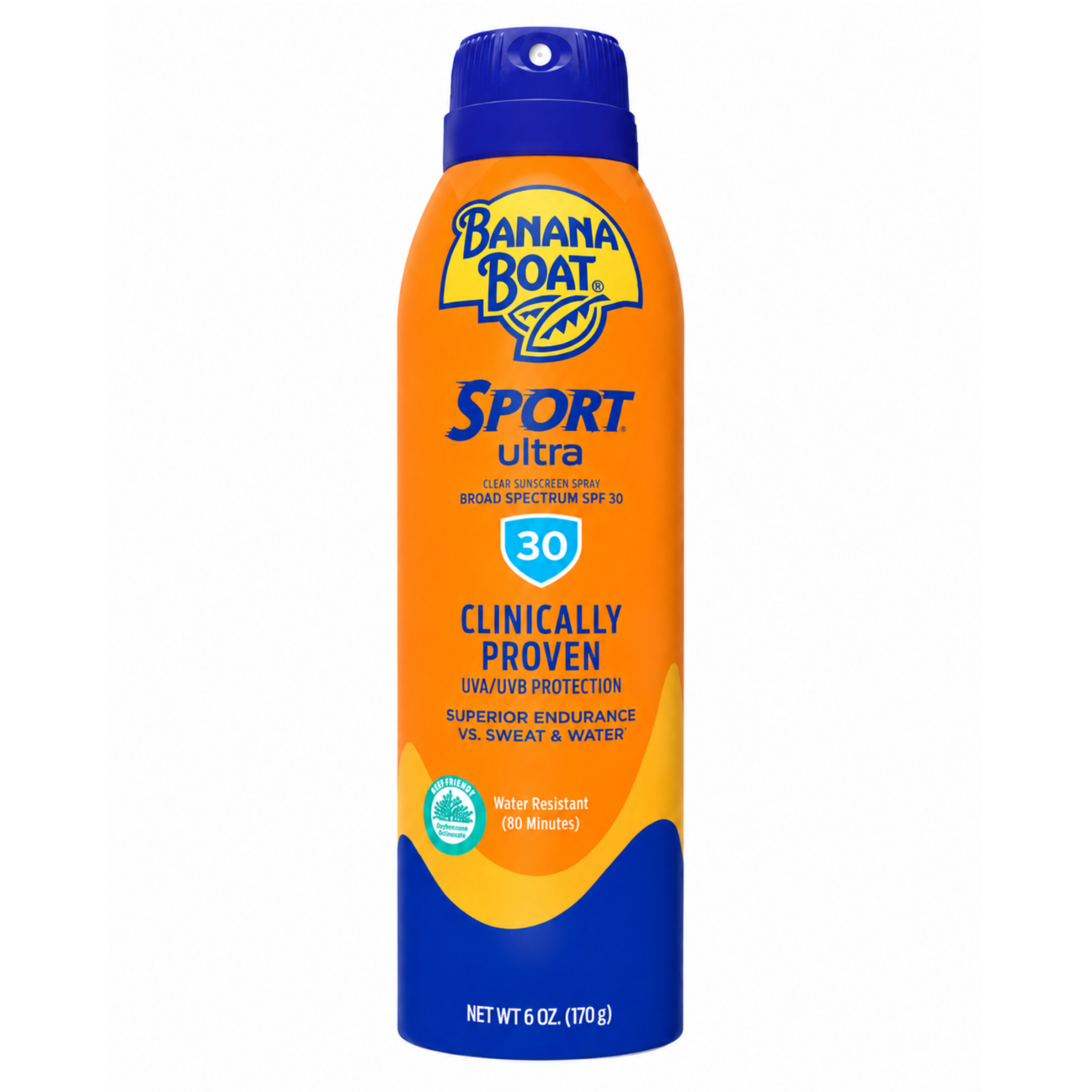 Pomarańczowo-niebieska butelka sprayu z filtrem przeciwsłonecznym marki Banana Boat Sport Ultra SPF 30. Na etykiecie widnieje tekst: \'Clinically Proven UVA/UVB Protection, Superior Endurance vs. Sweat & Water, Water Resistant (80 Minutes), Net Wt 6 oz. (170 g)\'.