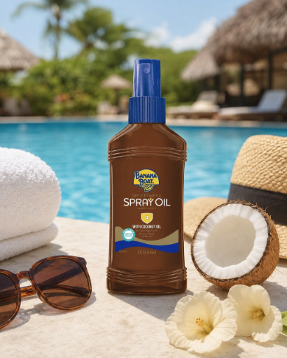 Na pierwszym planie znajduje się brązowa butelka z niebieskim korkiem, oznaczona jako \'Banana Boat Spray Oil 4 with Coconut Oil\'. W tle widoczny jest basen, ręcznik, okulary przeciwsłoneczne, połówka kokosa i kwiaty.