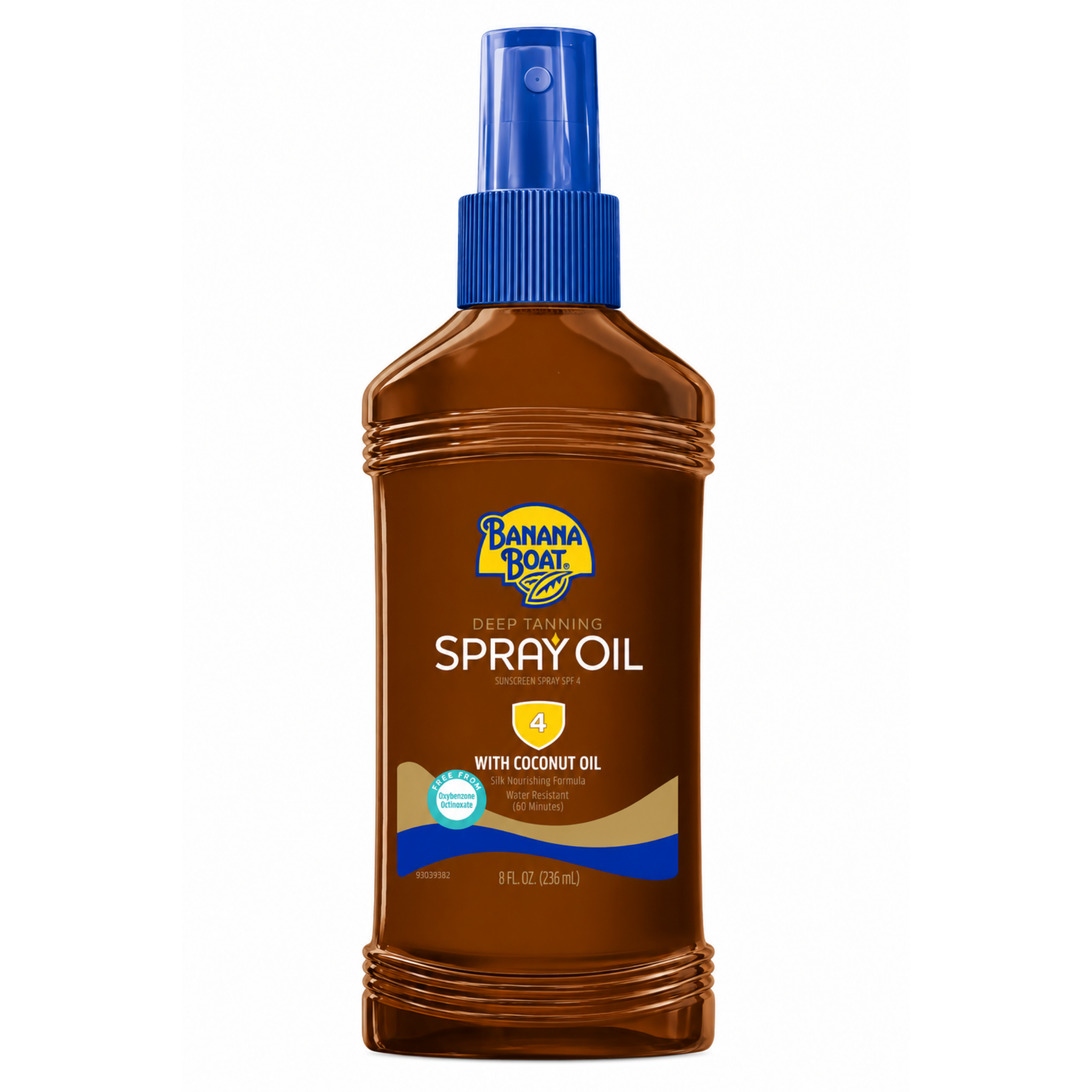 Brązowa butelka z niebieskim dozownikiem, na której widnieje logo \'Banana Boat\' oraz napis \'Deep Tanning Spray Oil 4 With Coconut Oil\'. Pojemność produktu to 8 FL OZ (236 mL).