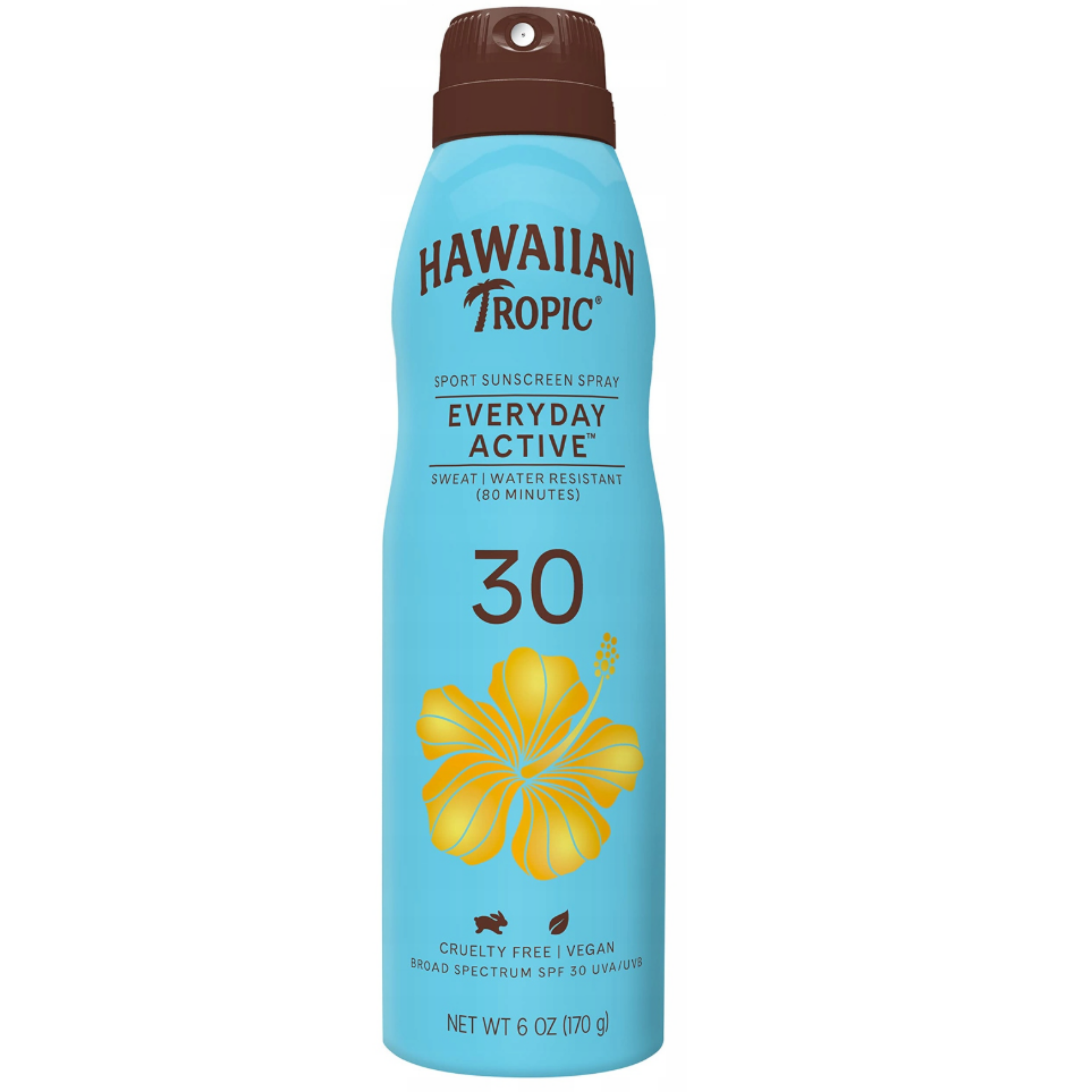 Niebieska butelka sprayu przeciwsłonecznego z brązowym korkiem, z napisem \'HAWAIIAN TROPIC EVERYDAY ACTIVE 30\'. Na butelce widoczny jest żółty kwiat oraz informacje \'CRUELTY FREE | VEGAN\' i \'NET WT 6 OZ (170 g)\'.