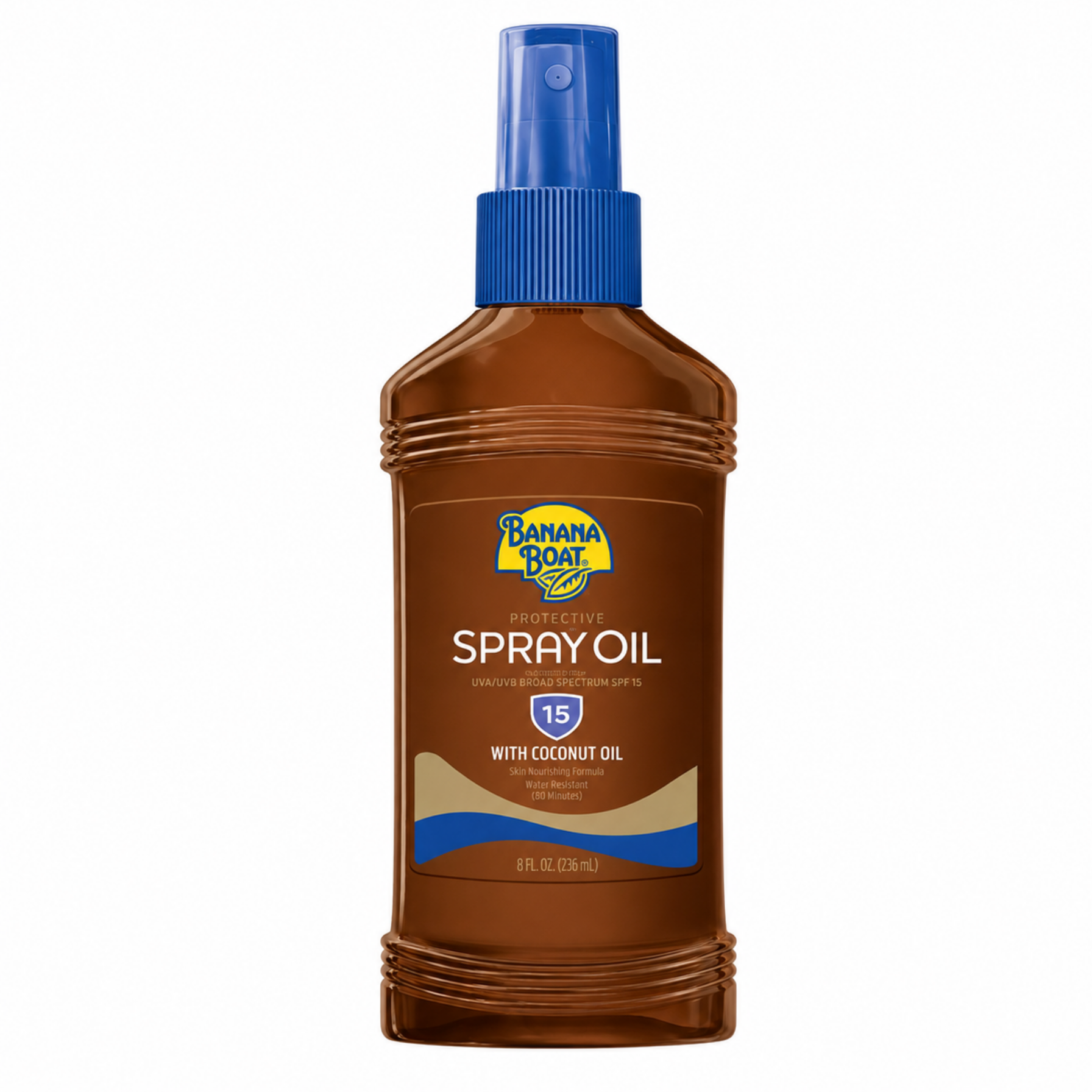 Brązowa butelka z niebieskim atomizerem, na której widnieje logo \'Banana Boat\' oraz napisy: \'PROTECTIVE SPRAY OIL\', \'15 WITH COCONUT OIL\', \'Skin Nourishing Formula\', \'Water Resistant (80 Minutes)\', \'8 FL. OZ. (236 mL)\'.