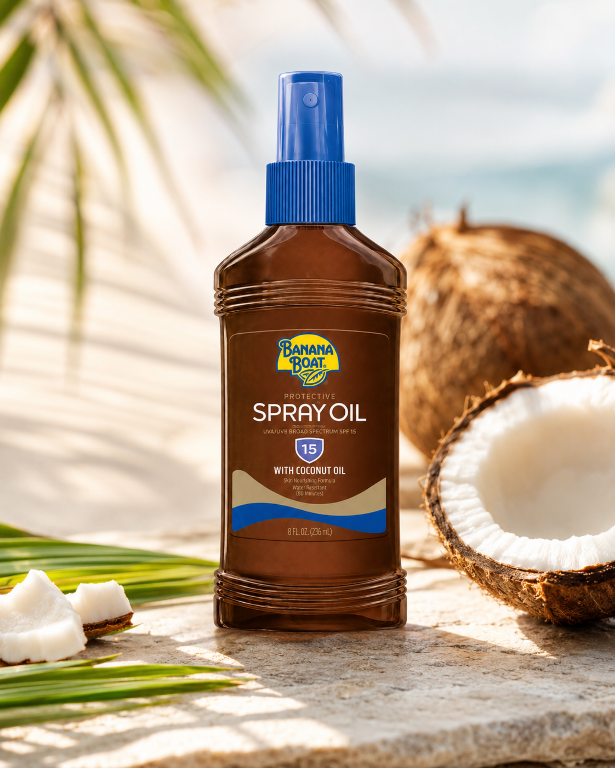 Butelka sprayu do opalania Banana Boat SPF 15 z olejkiem kokosowym stoi na tle plaży. Obok leży otwarty kokos i kawałki miąższu.