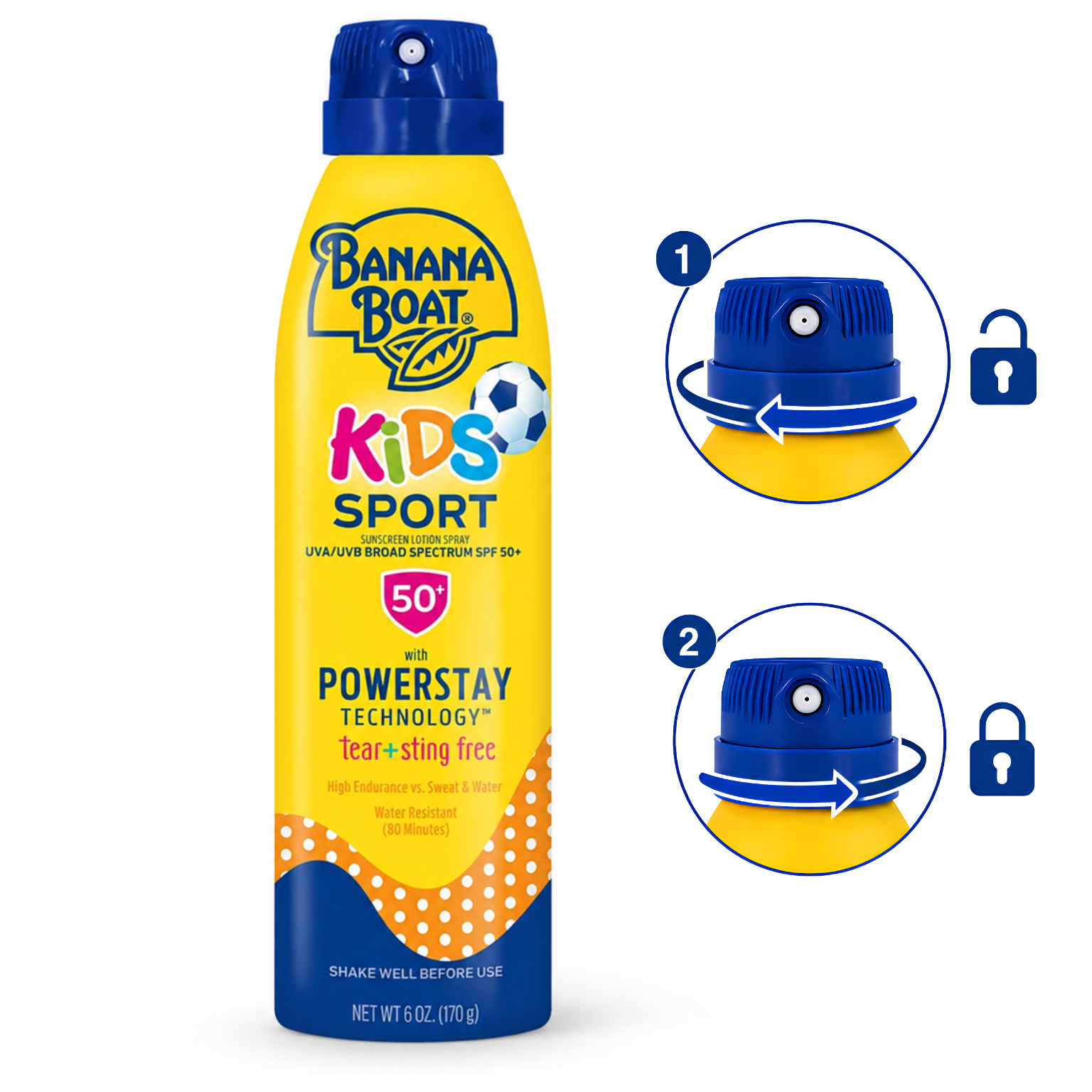 Żółta butelka sprayu do opalania Banana Boat Kids Sport z filtrem SPF 50+, z niebieską nakrętką i instrukcją blokady w postaci dwóch ilustracji. Na etykiecie widnieje napis: \'UVA/UVB BROAD SPECTRUM SPF 50+\', \'with POWERSTAY TECHNOLOGY\', \'tear + sting free\', \'High Endurance vs. Sweat & Water\', \'Water Resistant (80 Minutes)\', \'SHAKE WELL BEFORE USE\'.