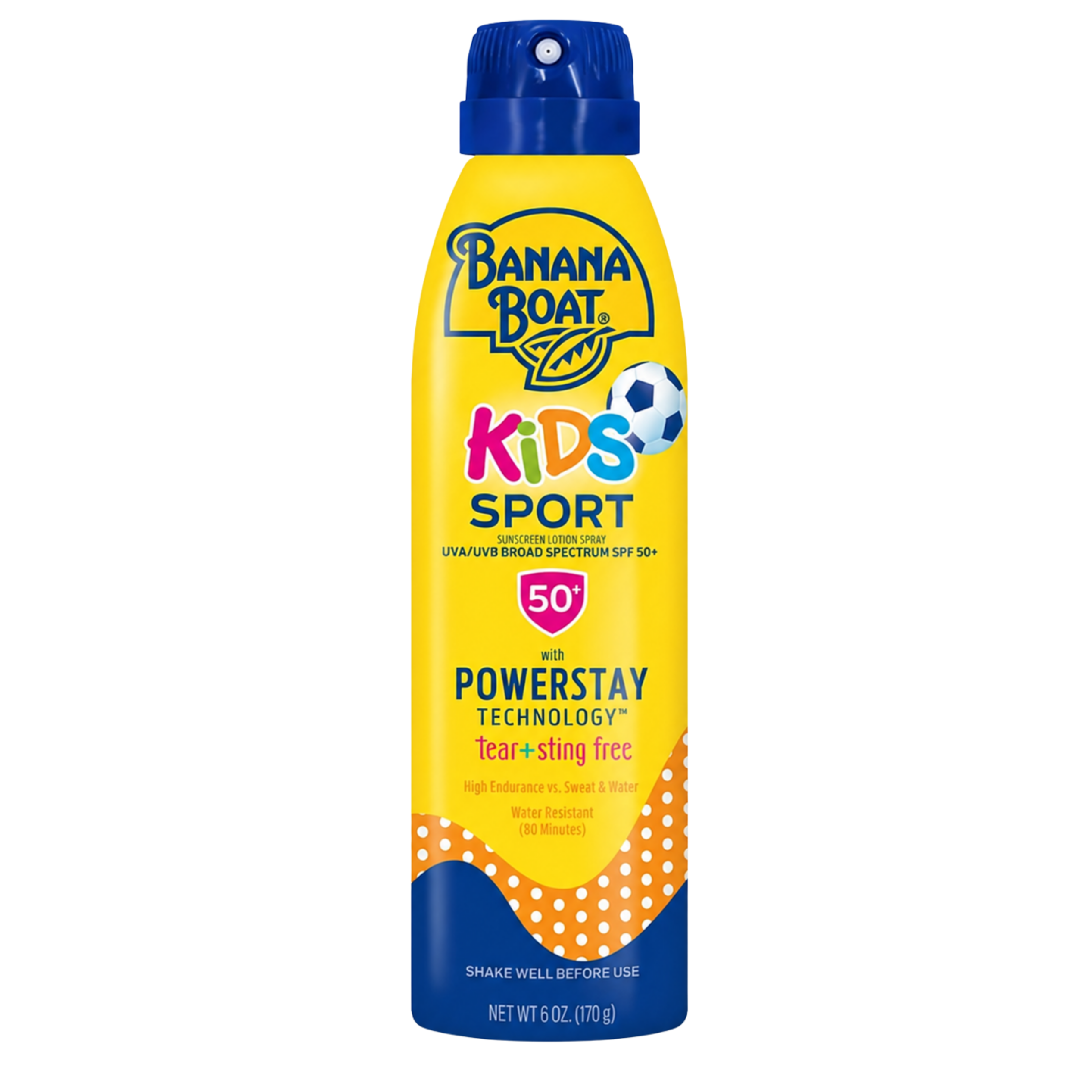 Żółta butelka sprayu do opalania dla dzieci z niebieską nakrętką, oznaczona logo \'Banana Boat Kids Sport\'. Na etykiecie widnieje napis \'UVA/UVB Broad Spectrum SPF 50+\' oraz \'Powerstay Technology\'.