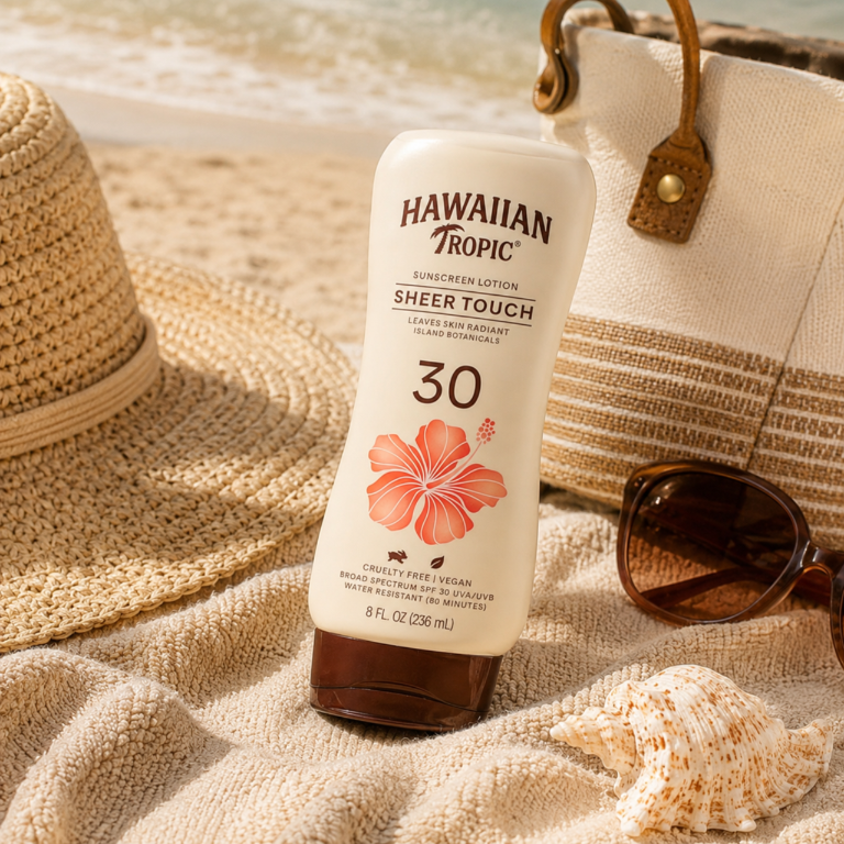 Na obrazie znajduje się butelka kremu przeciwsłonecznego Hawaiian Tropic Sheer Touch SPF 30 o pojemności 236 ml, umieszczona na tle plażowych akcesoriów, takich jak kapelusz, okulary przeciwsłoneczne i muszla. Widoczny jest również fragment torby plażowej oraz piasek i morze w tle.