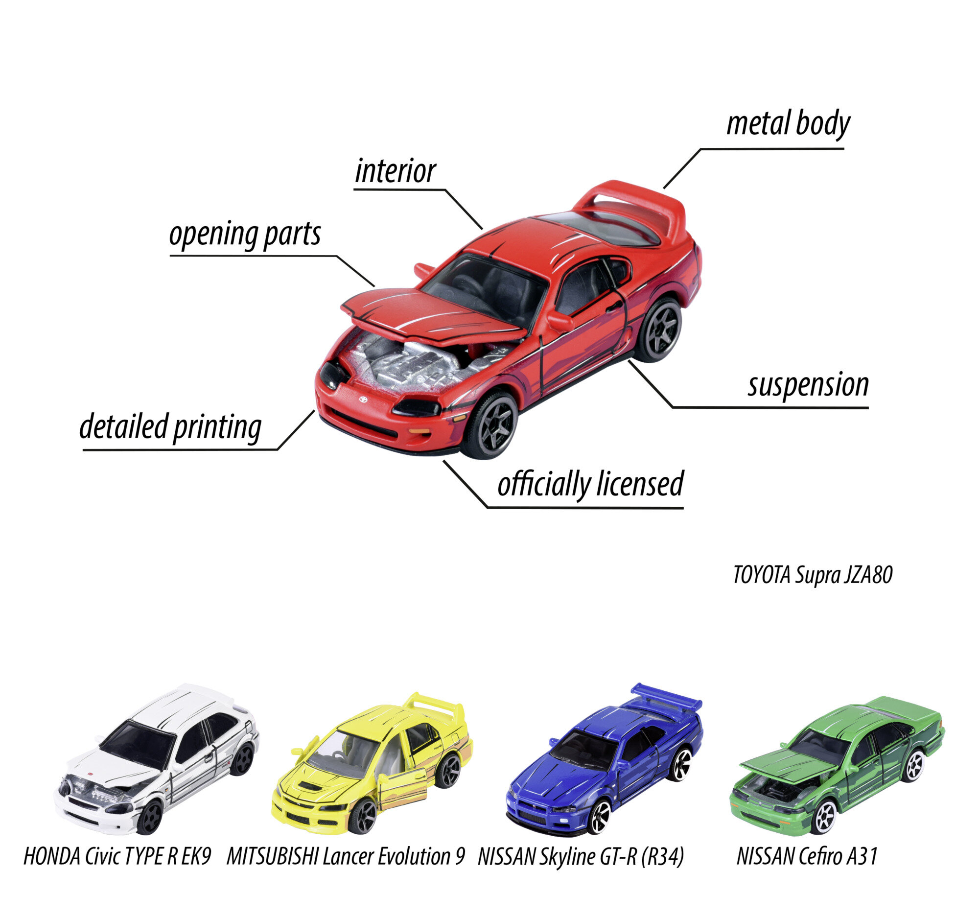 Na obrazie widoczne są modele samochodów w skali 1:64, w tym czerwony TOYOTA Supra JZA80 z otwartą maską i szczegółowym wnętrzem. Inne modele to HONDA Civic TYPE R EK9, MITSUBISHI Lancer Evolution 9, NISSAN Skyline GT-R (R34) i NISSAN Cefiro A31.