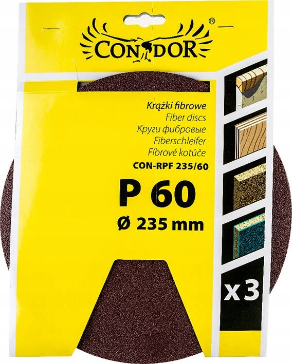 Opakowanie krążków ściernych fibrowych marki CONDOR o średnicy 235 mm i gradacji P60, zawierające 3 sztuki. Na opakowaniu widoczny jest tekst: \'Krążki fibrowe, Fiber discs, CON-RPF 235/60, P 60, Ø 235 mm, x3\'.