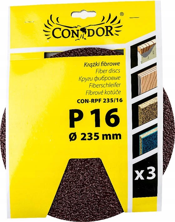 Opakowanie krążków fibrowych marki CONDOR z napisem \'Krążki fibrowe P 16 Ø 235 mm x3\'. Widoczne są ilustracje różnych powierzchni oraz tekst w kilku językach.