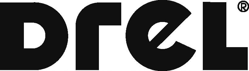 Czarne logo z napisem \'DREL\'.