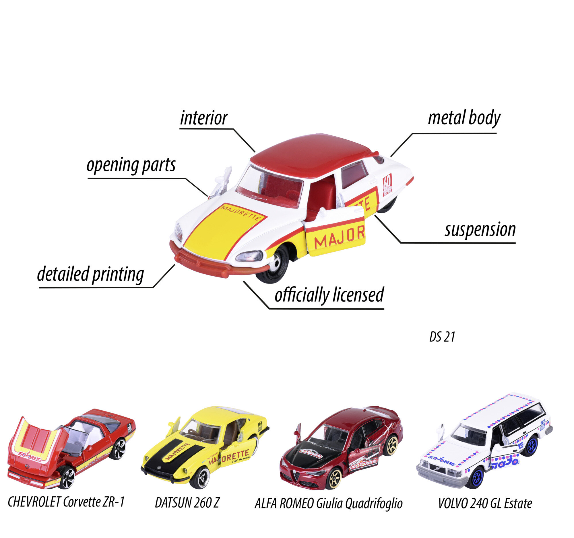 Na obrazie widoczne są modele samochodów w skali 1:64 z serii Majorette 60th Anniversary Edition 5-Pack. Każdy model ma szczegółowe oznaczenia, a nad nimi znajdują się opisy cech, takich jak \'interior\', \'metal body\', \'opening parts\', \'detailed printing\', \'officially licensed\', \'suspension\'.