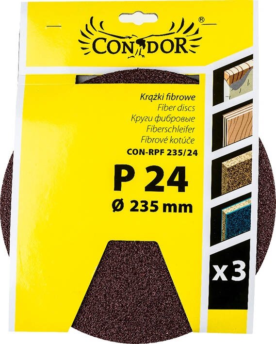 Opakowanie krążków fibrowych marki CONDOR z napisem \'P 24 Ø 235 mm\' oraz \'x3\'. Widoczne są również ilustracje przedstawiające różne powierzchnie do szlifowania.