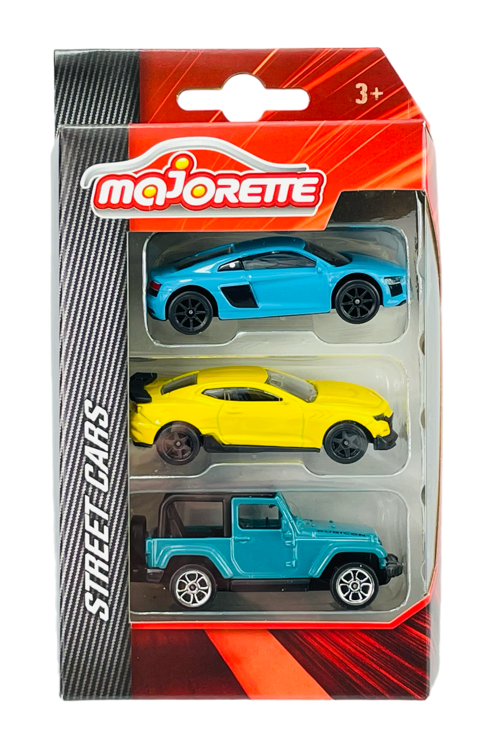 Opakowanie z trzema metalowymi modelami samochodów: niebieskim, żółtym i turkusowym. Na opakowaniu widoczne jest logo \'majorette\' oraz napis \'STREET CARS\'.