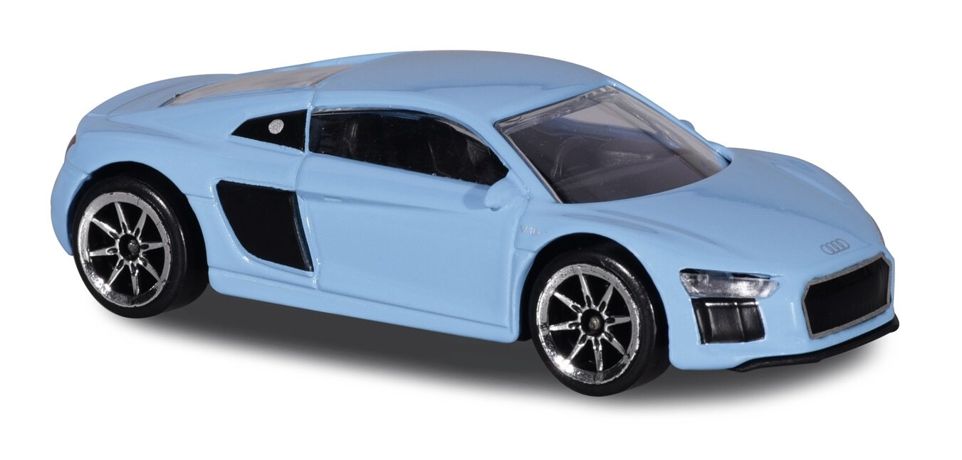 Model samochodu w kolorze jasnoniebieskim z czarnymi szybami i srebrnymi felgami. Na masce widoczne jest logo Audi.